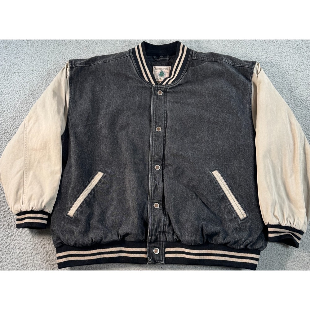 Vintage 90s Varsity Jacket Black Denim Men's Size XL Oversized Fit Long Sleeve‎